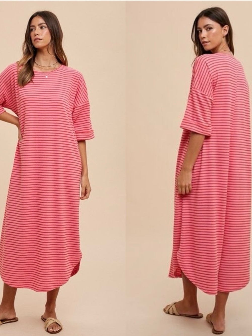 Anniewear LA Pink Terry
Striped Oversized Lounge Midi Dress OS Pink Loungewear